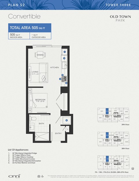 Floor plan for studio, 1 bath, 505 sqft
